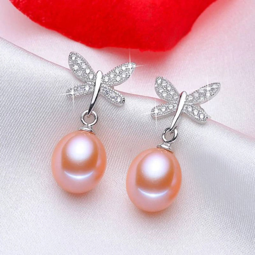 Stunning Simulated Diamond Freshwater Pearl Butterfly Stud Earrings-1